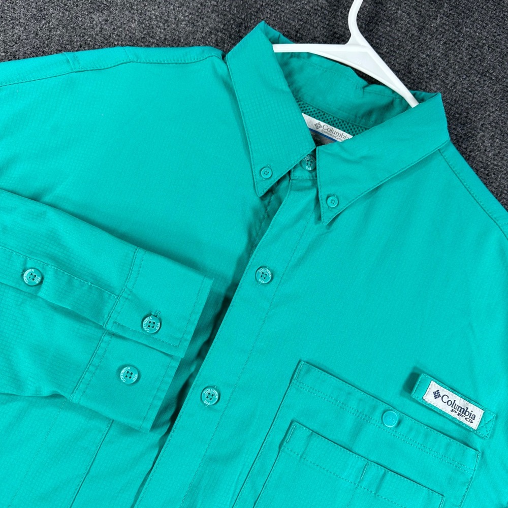 Columbia Fishing Shirt Mens L Large Teal Green PFG Long Sleeve Vented Ripstop